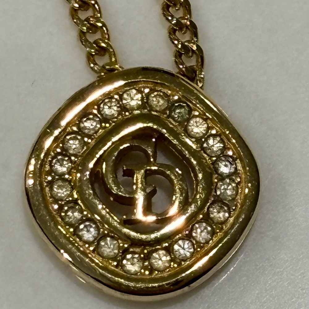 Christian Dior Logo Gold Pendant Necklace with Crystal Halo